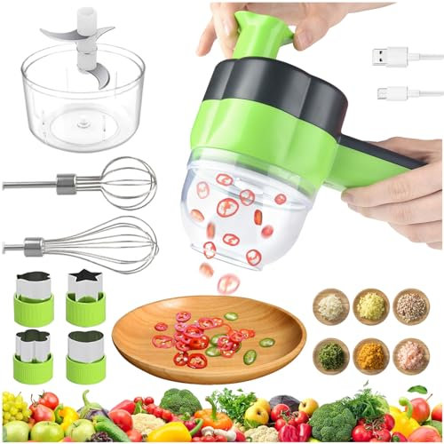 4 en 1 Hachoir à ail électrique Mini hachoir électrique à chargement USB Ensemble de Coupe-légumes Electrique Portable Petit Robot de Cuisine pour Gingembre, Piment, Fruits, Viande