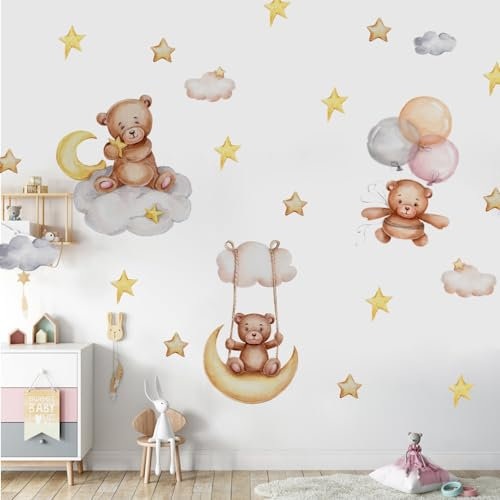 Baby Boo! Wandtattoo Kinderzimmer, Bär auf Wolke Mond und Luftballons, Kinderzimmer Deko, Babyzimmer Deko, Wandsticker Kinderzimmer, Wandaufkleber Kinderzimmer, PVC, Wanddeko (90 x 30 cm)