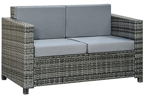 Outsunny Poly-Rattan Sofa mit Kissen 2-Sitzer Garten Loungesofa Metall Polyester Grau 130 x 70 x 80 cm
