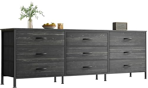 Huuger Comò da 160 cm per camera da letto, comò per armadio con 9 cassetti, grande supporto TV per TV da 55, 65, 70 pollici, centro intrattenimento, cassettiera ampia e lunga, stampa con venature del
