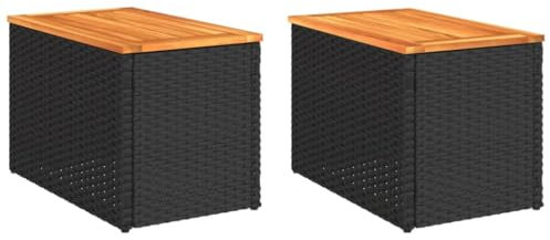 Makastle Beistelltisch 2er Set, Polyrattan Gartentisch Balkontisch Bistrotisch mit Holz Tischplatte, Wetterfest Kleiner Tisch Teetisch für Balkon Terrasse Garten, Schwarz 55x34x37cm