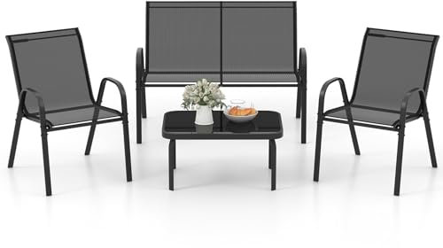 GOPLUS 4 teiliges Gartenmöbel Set, inkl. 2 einzelne Gartenstühle, 1 doppelter Gartenstuhl & 1 Couchtisch, Balkonmöbel Set, Sofagarnitur Sitzgruppe für Balkon Garten Terrasse (Schwarz)