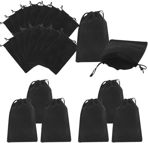 24 Stück Samtsäckchen Klein, 10x15cm Stoffbeutel mit Kordelzug, Säckchen zum Befüllen, Schmuckbeutel Geschenksäckchen, Mini Samtbeutel Beutel für Schmuck, Gunsten Ringe Weihnachts (Schwarz)