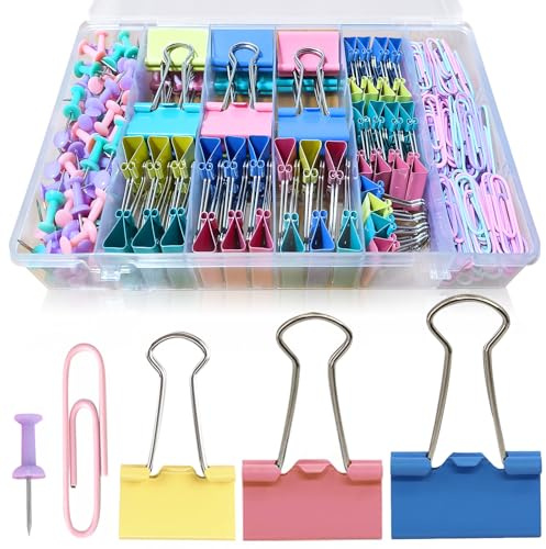 Paper Clips and Binder Clips Assorted Sizes, 240 PCS Colored Office Clips Set Large Medium Small Paper Clamps Paperclips Push Pin Thumb Tacks, College Supplies Home Office Supplies Document Organizing