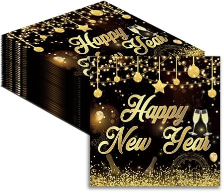 Silvester Servietten 2025,40 Stück Happy New Year Servietten Schwarz Gold Silvester Neujahr Deko mit Goldmetallischer Aufschrift,Silvesterdeko Napkins Deko Tischdeko für Neujahr Party Dekoration