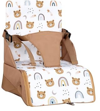 TINÉO - Réhausseur Nomade - Adaptable A Toutes Les Chaises - Ultra Compact - Transportable - Harnais De Sécurité - Rangement Compartimenté Et Fermé Dans L'Assise (Camel Ourson)