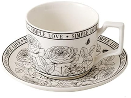 Juego de Tazas de té de cerámica con diseño de Rosas Vintage: Tazas de café aptas para microondas y lavavajillas con platillos, Tazas de café Espresso de 6,7 oz (B)
