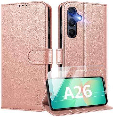 UITUIM Coque pour Samsung Galaxy A26 5G Coque Etui Portefeuille Cuir avec 2 Verre Trempé Protection Écran Porte Carte Rabat Clapet Flip Case Étui Cover Housse Etui pour Samsung Galaxy A26 5G,Or Rose