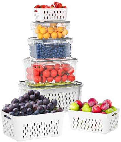 Punklong Kühlschrank Organizer Frischhalteboxen Set mit Deckel und Trennbar Sieb, 4 Stüke Frischhaltedosen für Obst Gemüse Salat Beeren Eier Kartoffel Aufbewahrung