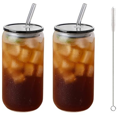 WEELOO Drinking Glasses with Lid & Clear Glass Straw, Transparent Clear Glass Cup for Coffee Juice Smoothies Beer Cocktail Milkshake Cups Teacup Whiskey Soda(2PCS)