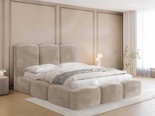 WFL GROUP Polsterbett 180x200 mit Bettkasten und Lattenrost – Creme Bett mit hohem Kopfteil, Boucle oder Samt Stoff - Modernes Doppelbett mit Stauraum – Bettgestell, ohne Matratze – Harmony - Beige
