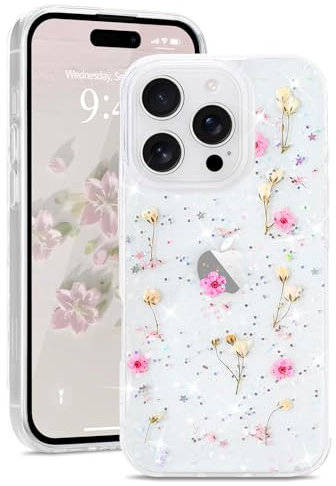 L-FADNUT for iPhone 16 Pro, Cute Real Dried Flowers with Sparkle Glitter Design, Clear Shockproof Handmade Pressed Floral Phone Case Silicone Protective Cover for Women Girls Pink