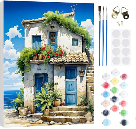 RICUVED Haus Malen nach Zahlen Set 30x40cm für Erwachsene Kinder mit Holzrahmen -Landschaft Digitale Ölmalerei Kits, DIY Kunstkit mit Farben Pinsel und Holzrahmen für Anfänger und Hobbykünstler