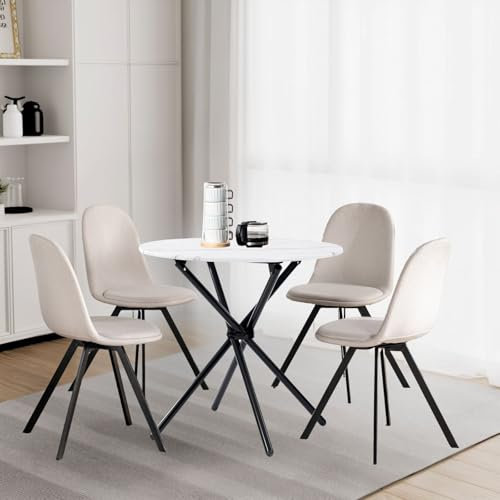 FurnitureR runder Esstisch mit 4 Stühlen, Satz von 4 Esszimmer Stühlen mit Küchentisch, Esszimmer Gruppe, Esszimmer, Tisch Set für Küche, Wohnzimmer, Balkon, Weiße Marmor-Schwarze+Weiße-Drehbare