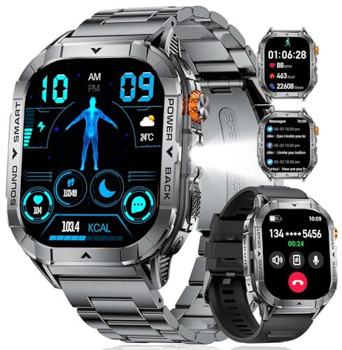 SUNKTA EF17 Montre Connectée Homme avec LED Lampe, 2.13'' Amoled Display Smartwatch, Appel Bluetooth/Podometre/Sommeil/100+ Sportifs/IP68 Montre Homme Etanche pour Android iOS, 2 Bracelets