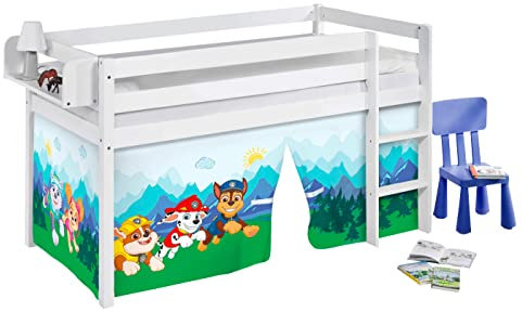 Lilokids Hochbett JELLE 90×200 cm | 90x190 cm – Kinderbett & Spielbett aus Massivholz (Kiefer) inkl. Lattenrost – Verschiedene Markenmotive (Paw Patrol blau, 90 x 190 cm)
