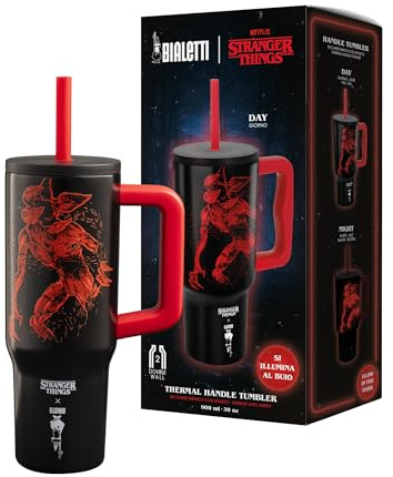 Bialetti Vaso térmico con asa Stranger Things, 900 ml – tapa con pajita, brilla en la oscuridad, mantiene la temperatura, no apto para lavavajillas