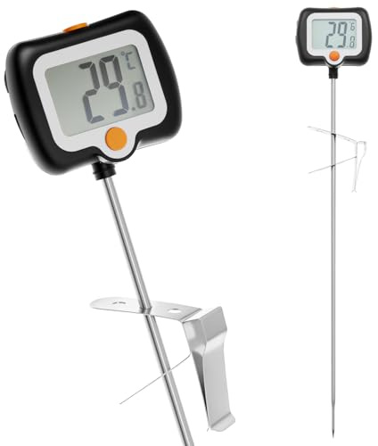 QWORK® 25cm Long Probe Candy Thermometer with Pot Clip - 304 Stainless Steel Probe, 180° Rotating Display - Digital Food Thermometer for Frying, Grilling, Cooking, Baking