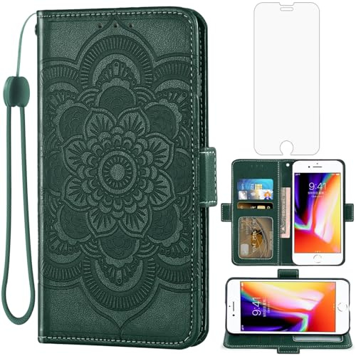 Asuwish Handyhülle für iPhone 7/8/SE 2020 2022 Hülle mit Glas Folie Kartenfach Klappbar Leder Geldbörse i SE2020 SE2022 2/2nd 3/3rd Generation 7s 8s 6SE SE2 SE3 Handy Mandala Phone Case Dunkelgrün