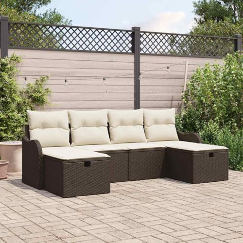 Frdhee Gartenmöbel Verandamöbel,Sofa Set mit Kissen 6 pcs Braun und Creme Poly-Rattan,Eckbankgruppe für Innen und Außen