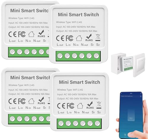 Nzkeuf 4Pcs Smart Lichtschalter Modul 2 Wege, Smart Home Lichtschalter, Mini DIY WLAN Schalter, Smart Switch Kompatibel Alexa Echo Google Home, Sprachsteuerung/Timer, Passt Hinter Wandschalter