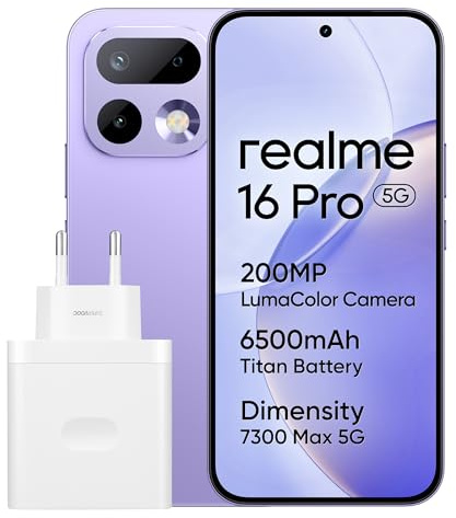 realme 16 Pro 5G Smartphone, 8+512GB, LumaColor Cámara 200MP OIS, 6,78 144Hz AMOLED, Batería 6500mAh, Charge Ultra 45 W, MediaTek Dimensity 7300 MAX, NFC, eSIM(EU región), IP69, Purple