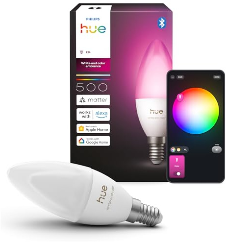 Philips Hue Smart LED-Kerzenlampe, B39, E14, 1er Pack, White and Color Ambiance, Vollspektrumlicht 1.000 K–20.000 K, 500 lm, Extrem Niedrig Dimmbar, Chromasync, Alexa, Google Home, Apple Home
