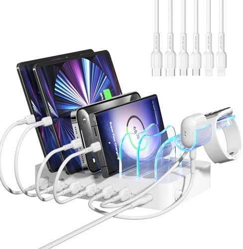 SooPii Stazione di Ricarica per Dispositivi Multipli, Stazione di Ricarica Multipla da 50W a 6 Porte con Supporto per Caricabatterie i-Watch 2 in 1 e 6 Cavi Progettato per Telefoni lPad (Bianco)