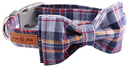 Lionet Paws Cat and Dog Collar with Bowtie,DarkBlue Plaid Cotton Collar with Plastic Buckle,Adjustable Collars for X-Large Dogs,Neck 16-26in