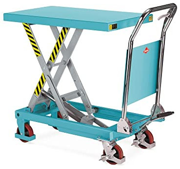 Ameise Scheren-Hubtischwagen LTT mit Einfach-Schere | 300 kg Tragkraft | 285-880 mm Hubbereich | fahrbarer Hubtisch mit Feststellbremse | fußbetriebene Hydraulikpumpe | 850 x 500 mm Plattform