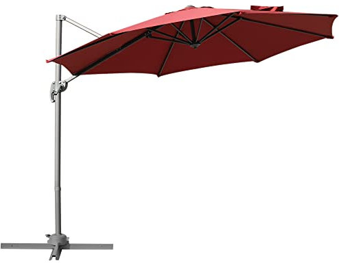 Outsunny 3(m) Patio Offset Roma Parasol Umbrella Cantilever Hanging Aluminium Sun Shade Canopy Shelter 360° Rotation with Hand Crank and Cross Base, Wine Red