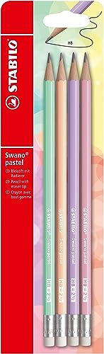 STABILO - Bleistift mit Radierer - swano Pastel - 4er Pack - mit 4 verschiedenen Farben - Härtegrad HB