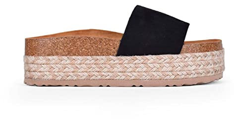 BOSANOVA Sandalias Estilo Pala confeccionadas en Ante con una Tira Ancha al Empeine, Suela Bio de Corcho y Plataforma de Esparto Bicolor. Sin Cierre. Calzado para Mujer Negro 36