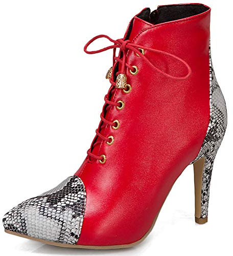 cynllio Sexy Stiletto Tacchi Alti 9 cm Pelle di Serpente Stivaletti per le Donne Pizzo Punta Punta Abito Stivali Brevi, 1 rosso, 37 EU