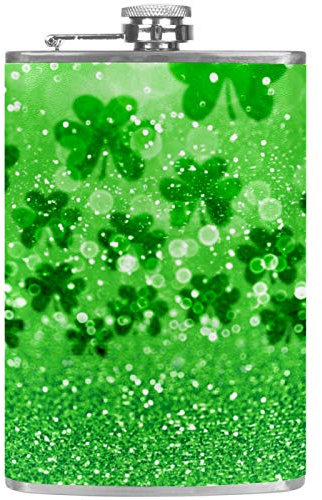 Leather Pocket Flagon Whiskey Flask with Handsel Funnel for Camping Fishing BBQ Party Bar Drinkers Wine Bottle Green Glitter Sparkle Irish Shamrock Clovers