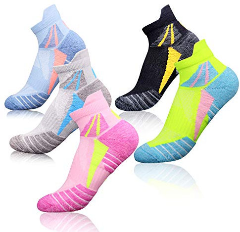 VFAMAN Running Socks for Women, Anti-Blister & Sweat-Wicking, Trainer, Light Weight, Athletic Size UK 4-7 (5 Pairs,Black,Blue,Red,Grey,Green)