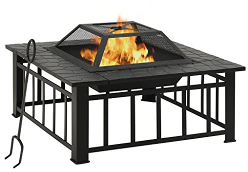 vidaXL Garten Feuerstelle mit Schürhaken Feuerschale Feuerkorb Terrassenofen Gartenfeuer Terrassefeuer Outdoor Terrasse 81x81x47cm XXL Stahl