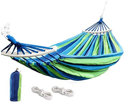 Camping-Hängematte, Strapazierfähiges Canvas-Material mit Einer Tragfähigkeit von 440lb, Zwei Anti-Roll-Balance-Balken und Robuste Knoten-Baumgurte,Green Stripe (190 x 80 cm)