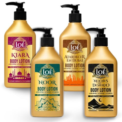 Loción Corporal Perfumada Aroma Árabe 4x500 ml | Body Lotion Pack 4 | Pack con 4 lociones corporales perfumadas de 500 ml: Noches del Desierto, Kiara, Noor y Atardecer en Dubái.
