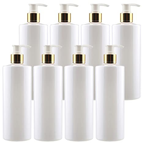 ZEOABSY 8 Stück 500ml Leere Lotionspender Gelspender Weiß Kunststoff Flasche mit Gold/Weiß Lotion-Spender Nachfüllbare zum befüllen für Badezimmer Shampoo Öl