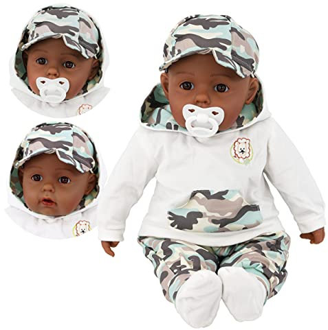 Bibi Doll - 20 Lifelike Large Size Soft Bodied Black Baby Doll Girls Boys Toy With Dummy & Sounds (Ethnic in Camo Outfit)