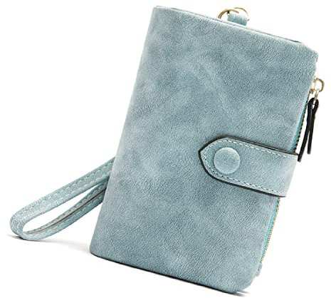 Honghong Portefeuille en Cuir Court pour Femmes Grande capacité, Petit Corps-RFID Blocage-Petit Zippé Porte Monnaie (Bleu Clair)