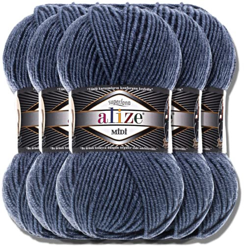Alize 5 x 100g Superlana Midi Türkische Premium Wolle Baumwolle und Acryl Uni Handstrickgarne | Yarn | Garn | Strickgarn Einfarbig Baby zum Häkeln Stricken Kleidung Schals (Denim Melange | 203)