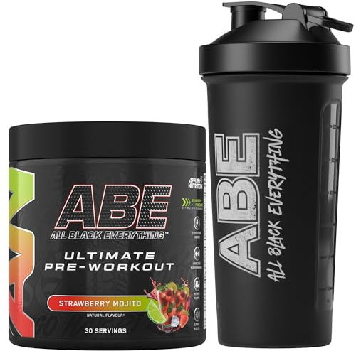 Applied Nutrition Bundle ABE Pre Workout 375g + ABE Black Shaker 700ml | All Black Everything Pre Workout Powder, Energy Drink, Creatine, Beta Alanine, Caffeine (Strawberry Mojito)