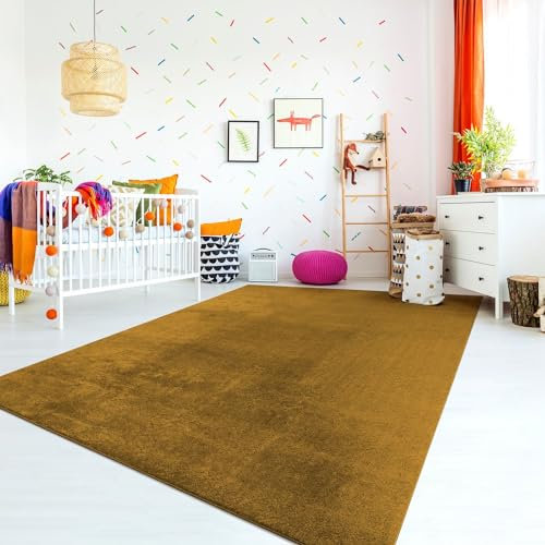 TT Home Teppich Kinderzimmer Waschbar rutschfest Kinderteppich Junge Mädchen Weich Pastell, Farbe:Gelb, Größe:160 cm Rund