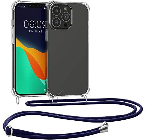 kwmobile Crossbody Case Compatible with Apple iPhone 13 Pro Case - Clear TPU Phone Cover w/Lanyard Cord Strap - Blue/Transparent