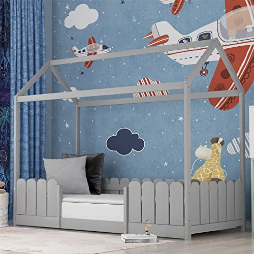 JINTAOMA Babybett für Jungen & Mädchen,Kinderbett mit Schublade und Rausfallschutz, Stabil Massivholz & Holz-Platte Beistellbett mit Lattenrost, 90x200 cm,Grey