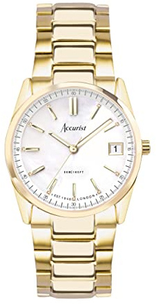 Accurist Everyday Womens Analogue Watch 30mm dial Gold Stainless Steel | 50 Metres Water Resistance, mother of pearl dial, date display, ion-plated case