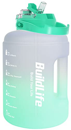 BuildLife Water Bottles with Straw & Flip Cap 2 in 1 Lid - Large Water Bottle with Time Markings BPA Free Leak Proof Wide Mouth Drinks Bottle,2.5 Litre Durable Sports Water Bottle (Purple Green)