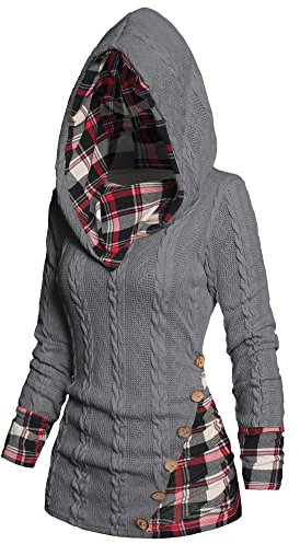 ZEZCLO Damen Twisted Cable Knit Plaid Print Hooded Sweater Mock Button Ruched Shawl Neck Knit Top, Grau, Groß